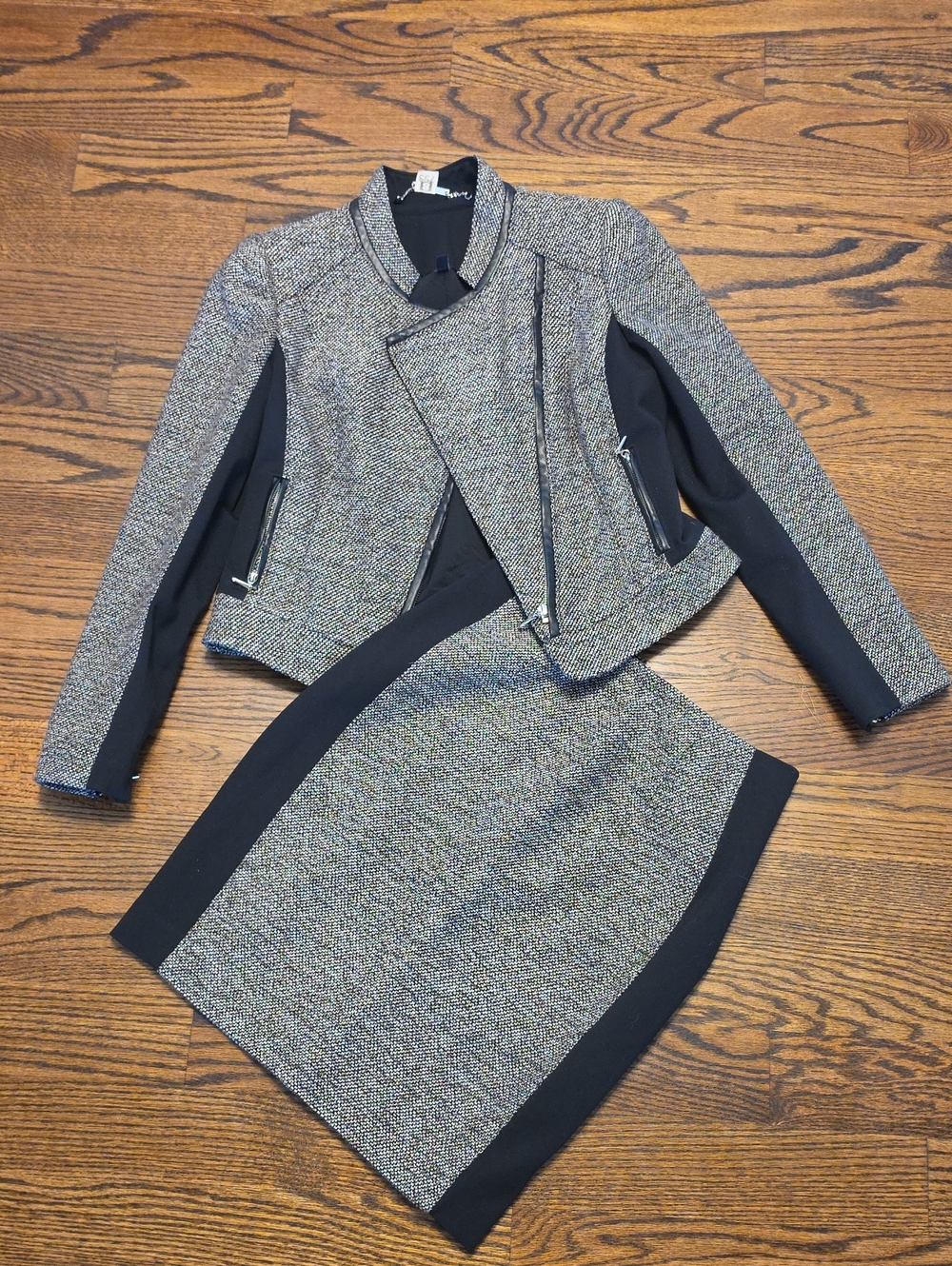 White House Black Market Black and Gray Tweed Moto Jacket & Skirt Set